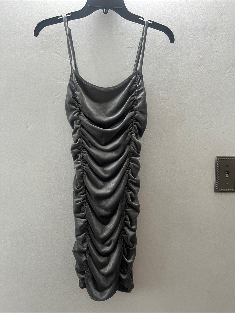 Ruched Satin Slip Dress - Charcoal Gray